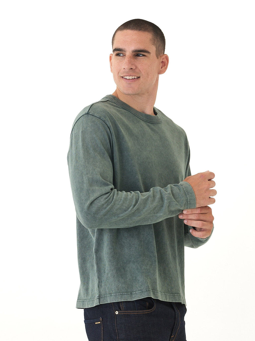Relaxed Fit Mineral Wash Long Sleeve Crewneck Tee for Men
