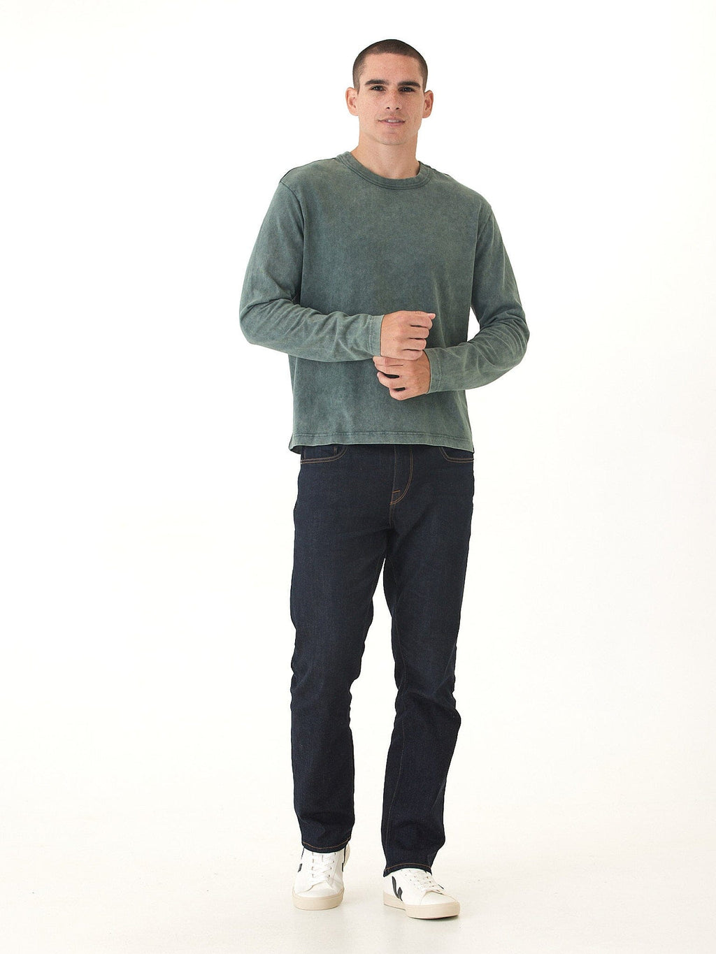 Relaxed Fit Mineral Wash Long Sleeve Crewneck Tee for Men