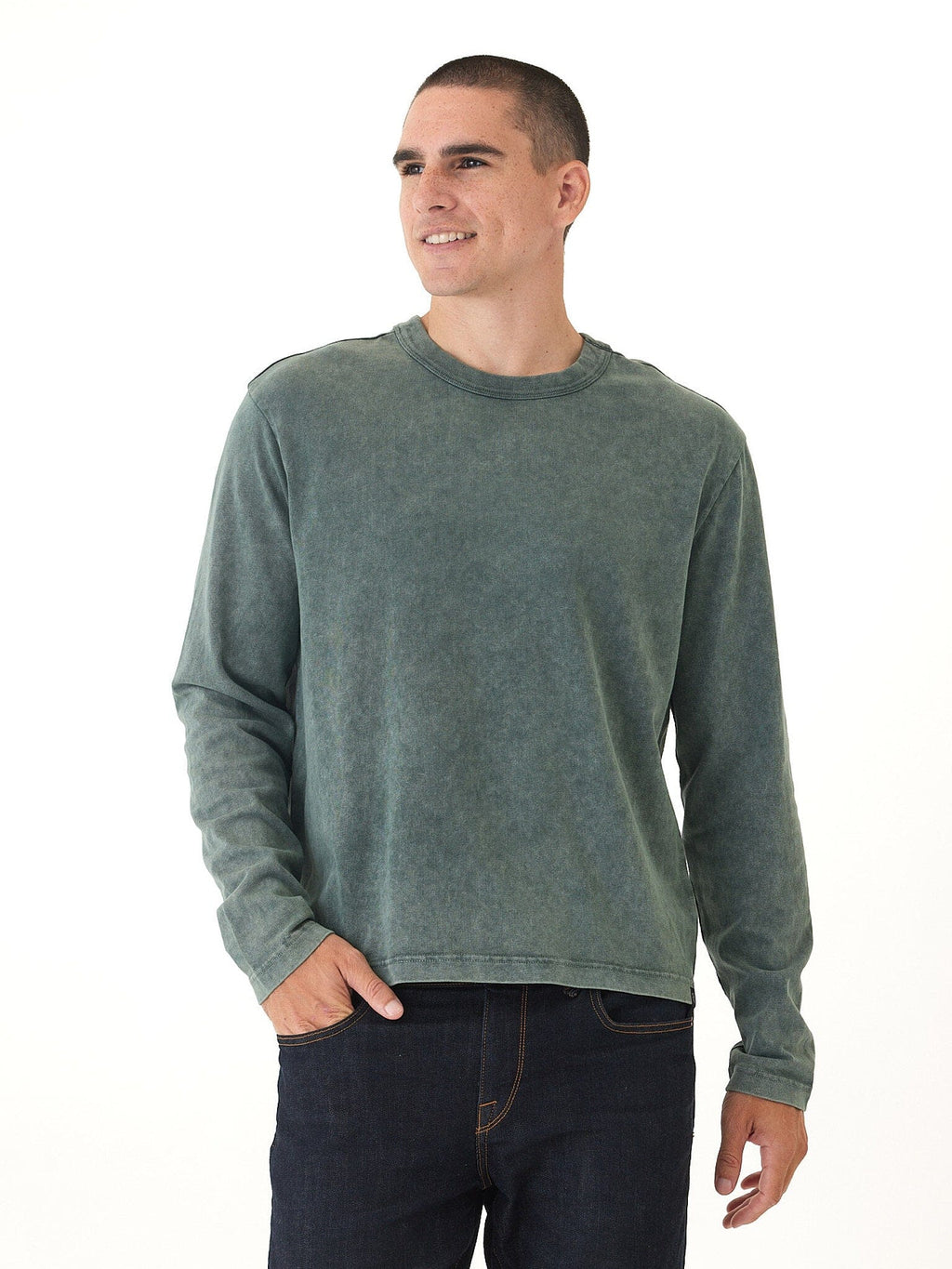 Relaxed Fit Mineral Wash Long Sleeve Crewneck Tee for Men