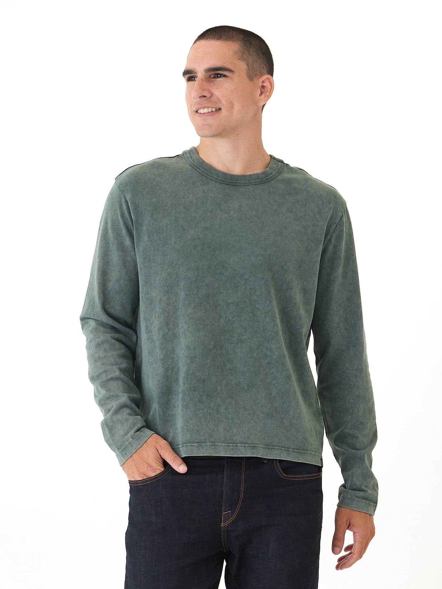 Relaxed Fit Mineral Wash Long Sleeve Crewneck Tee for Men