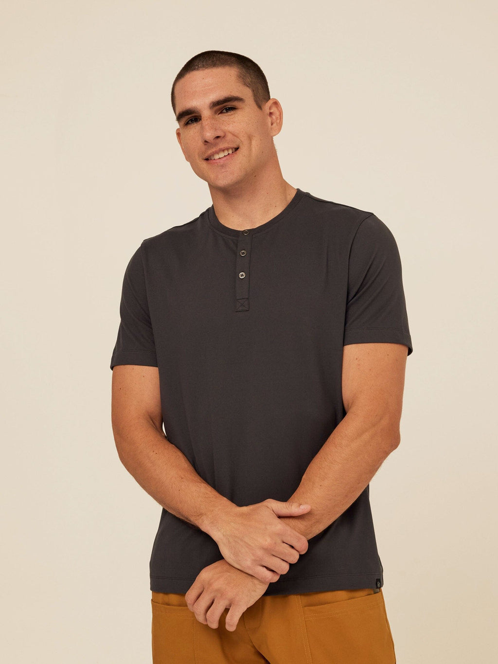 Close up of Shayne Luxe Jersey Henley with three-button placket and short sleeves