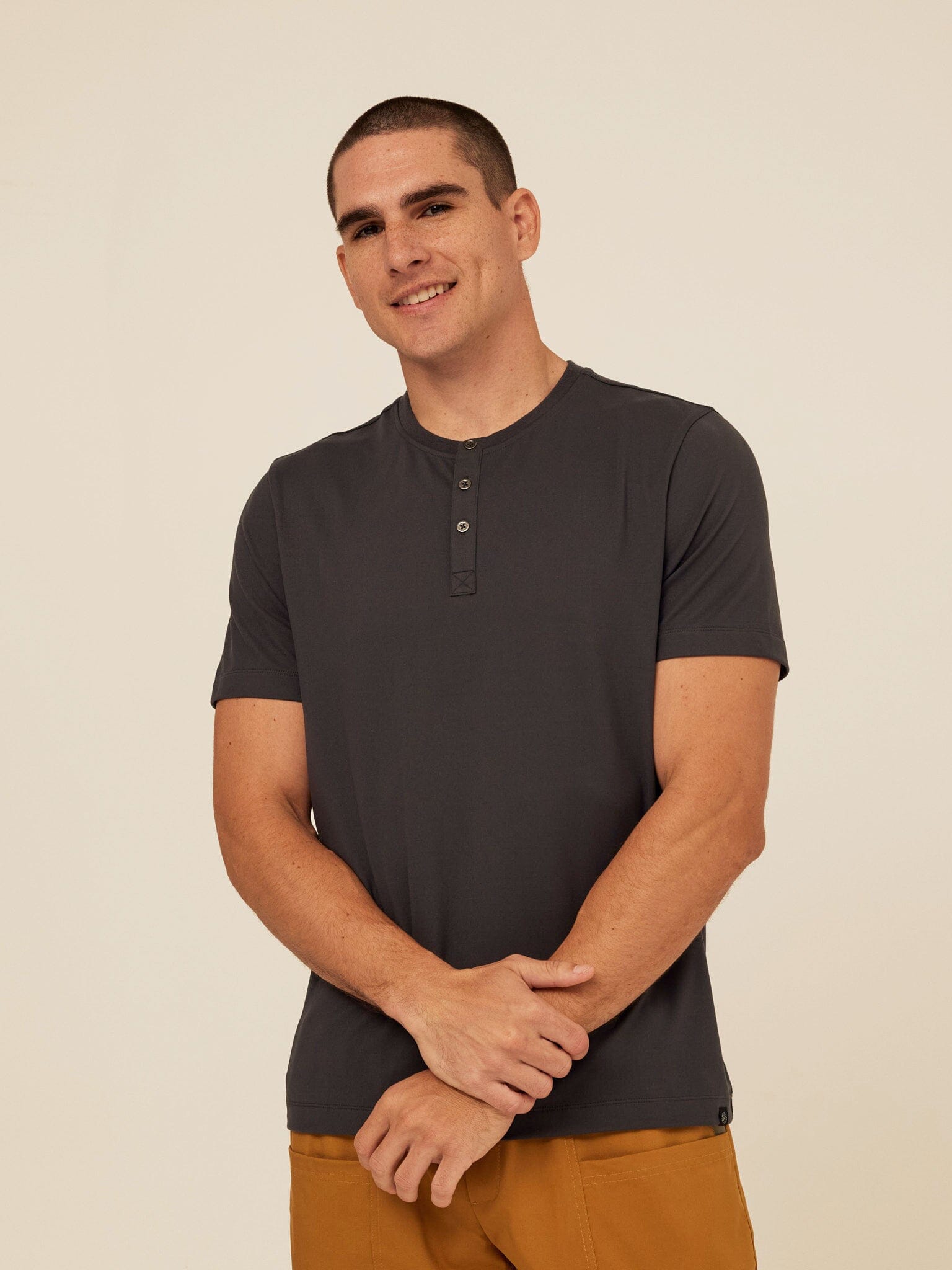 Close up of Shayne Luxe Jersey Henley with three-button placket and short sleeves