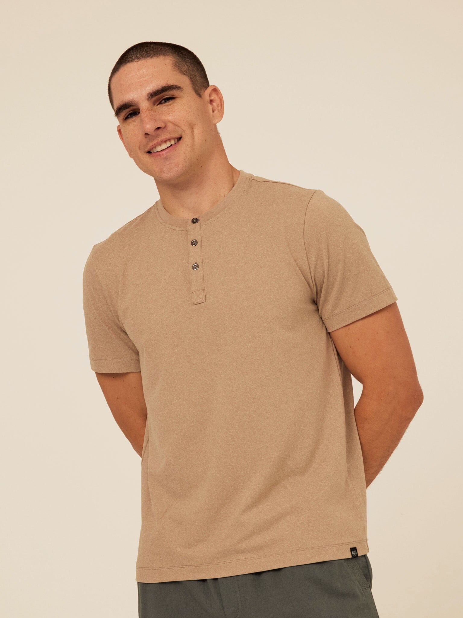 Close up of Shayne Luxe Jersey Henley with three-button placket and short sleeves