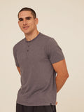 Close up of Shayne Luxe Jersey Henley with three-button placket and short sleeves