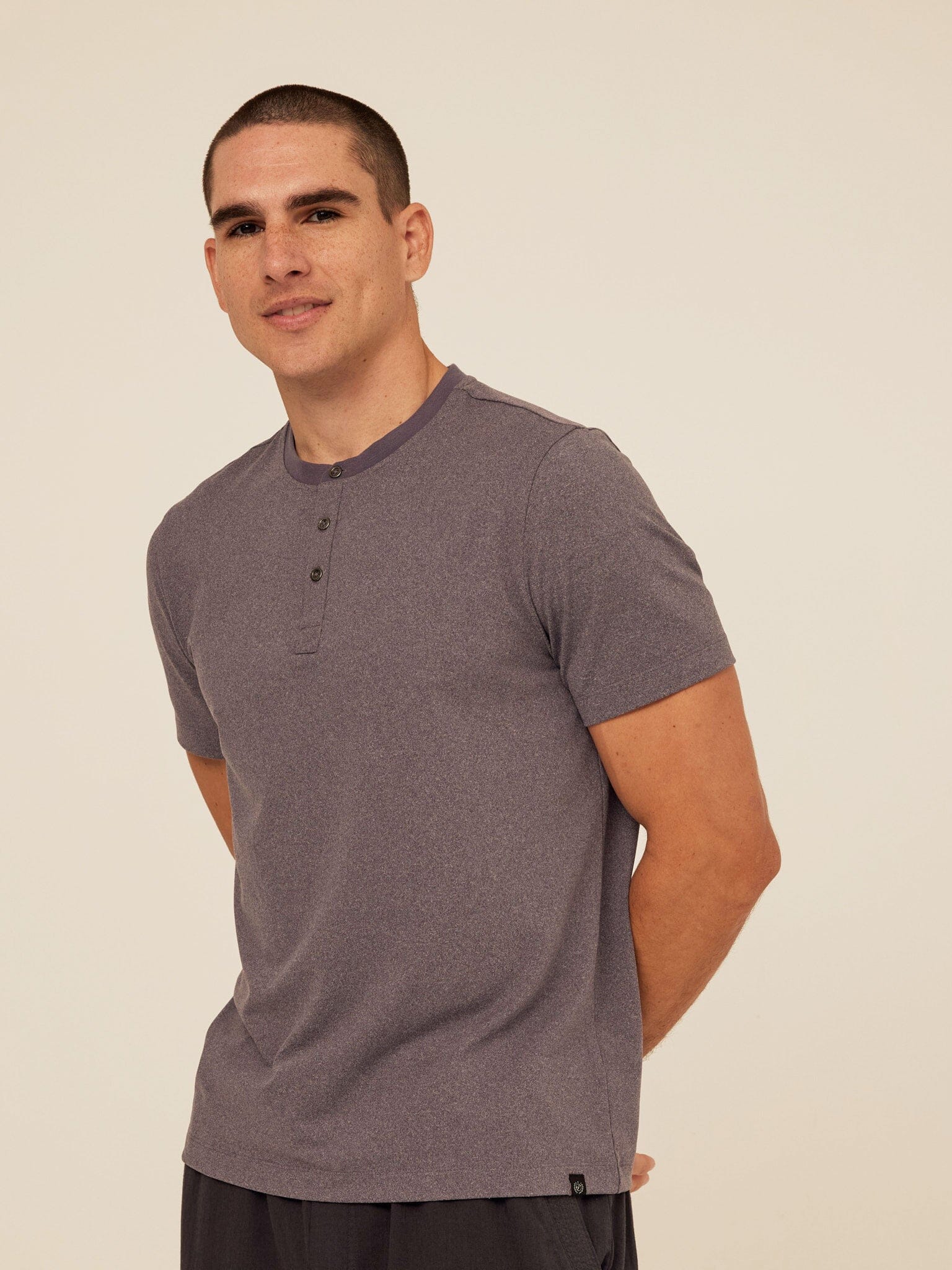 Close up of Shayne Luxe Jersey Henley with three-button placket and short sleeves