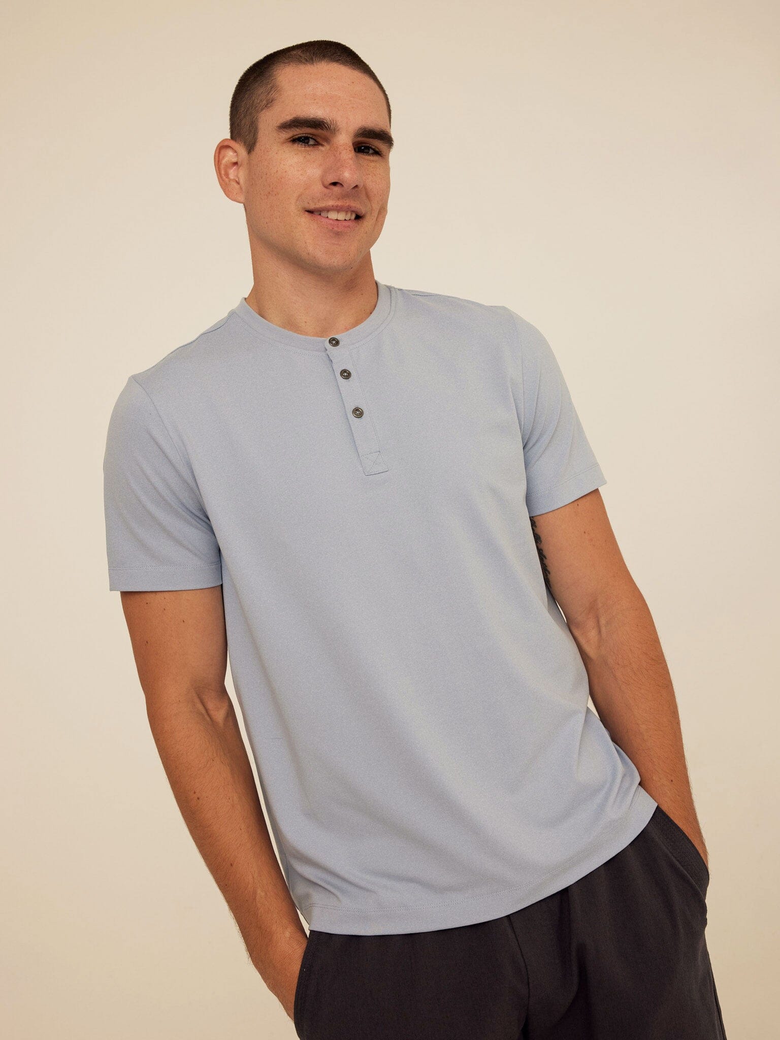 Close up of Shayne Luxe Jersey Henley with three-button placket and short sleeves