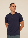 Close up of men's navy blue short sleeve Luxe Jersey Henley featuring a three-button placket.