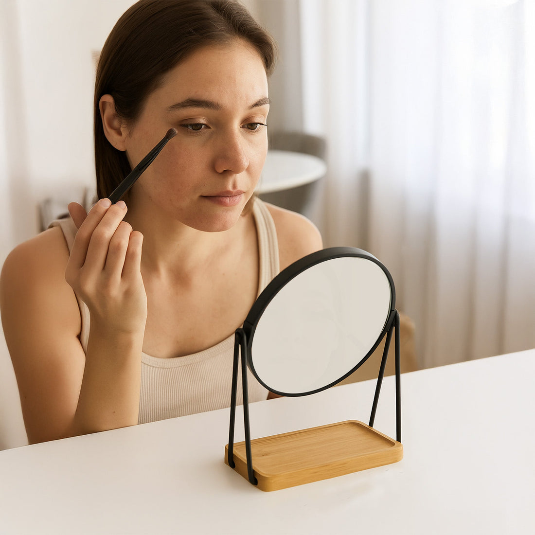Dual Side Mirror With Bamboo Tray