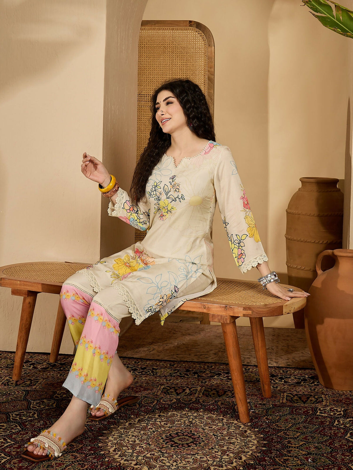 Cream Printed Pure Cotton Cord Set - Elegant Co-ord Set