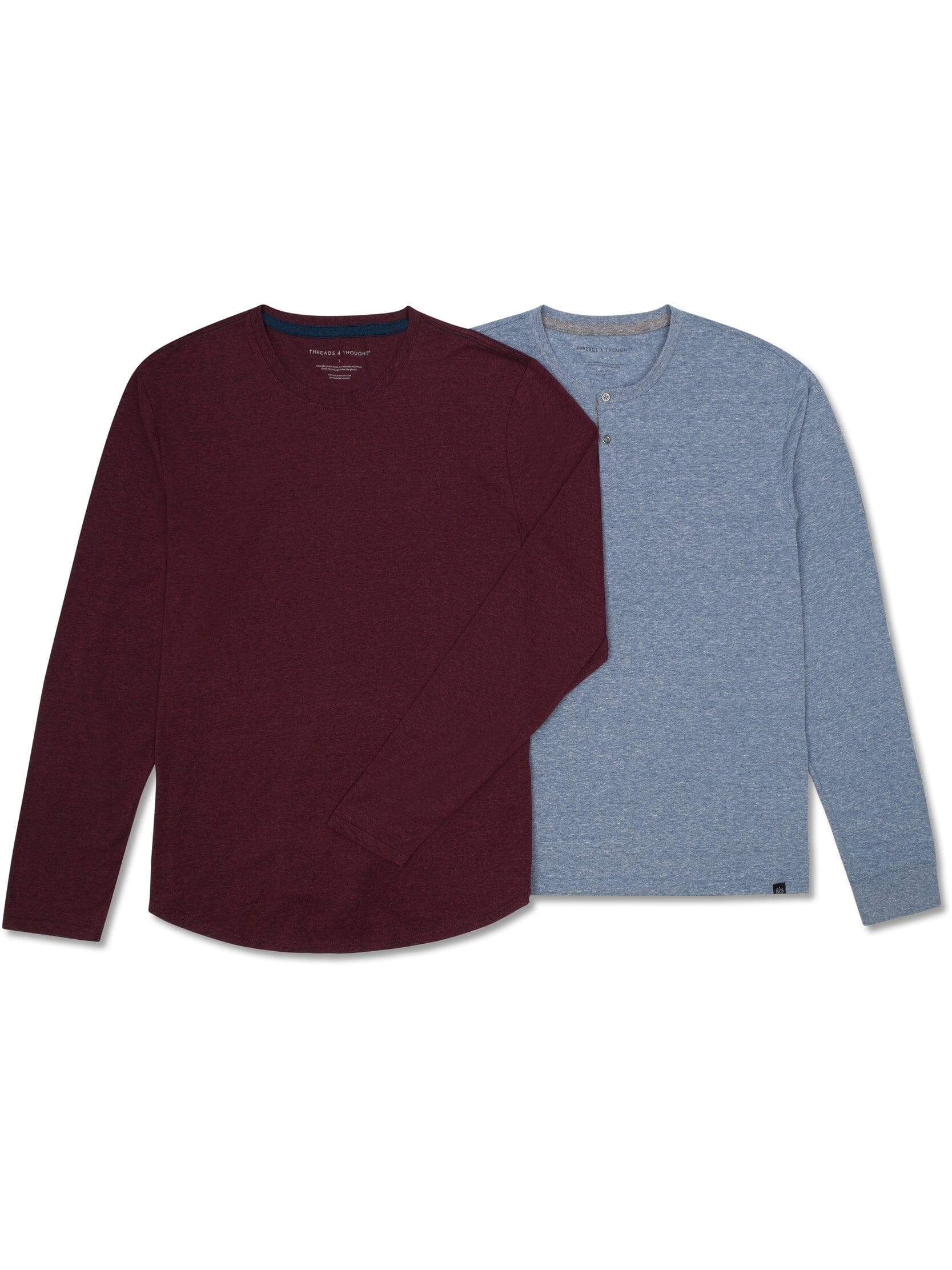 A 2-pack of long-sleeve triblend henley shirts with 2-button closures in a textured knit fabric.