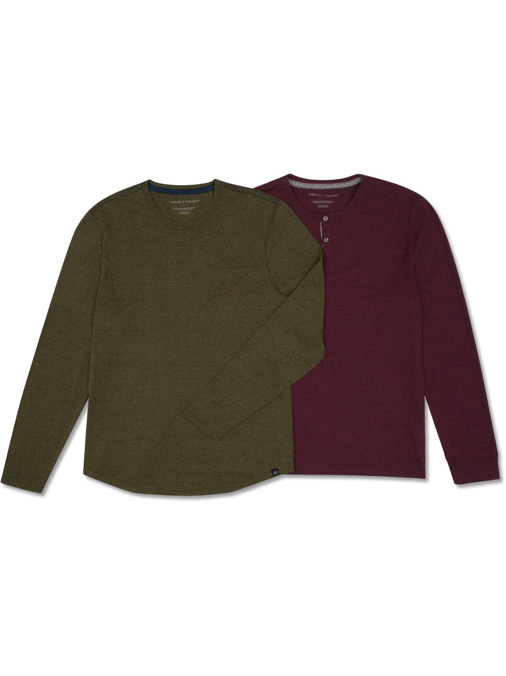 Model wearing a comfortable long sleeve triblend crew neck t-shirt from a 2-pack set