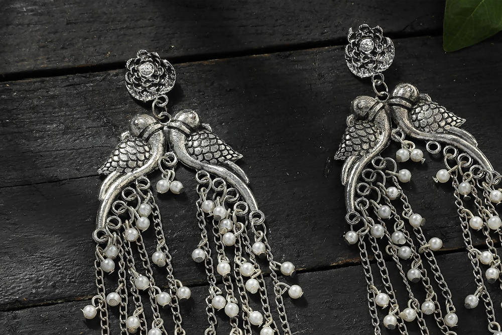 Silver-Plated Oxidised Parrot Motif Dangle Earrings for Women