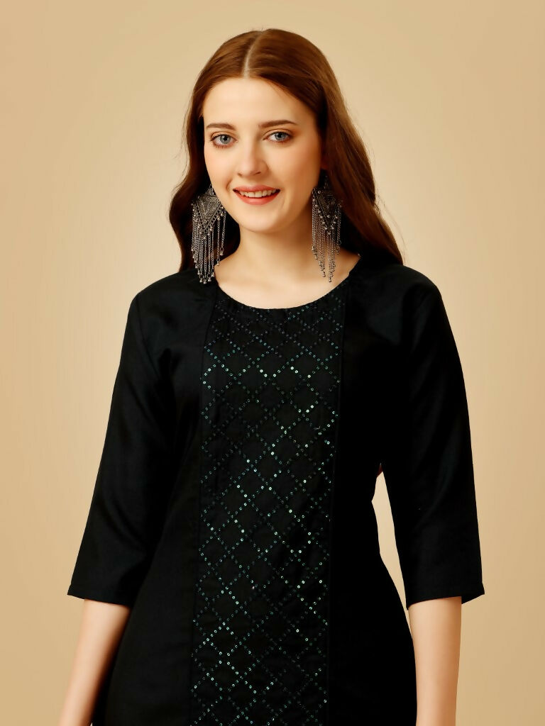 Women's Black Embroidered Cotton Blend Kurta Pant Set with Sequins