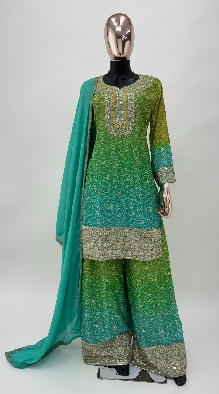 Green and Teal Chinon Embroidered Salwar Kameez - Stitched Suit