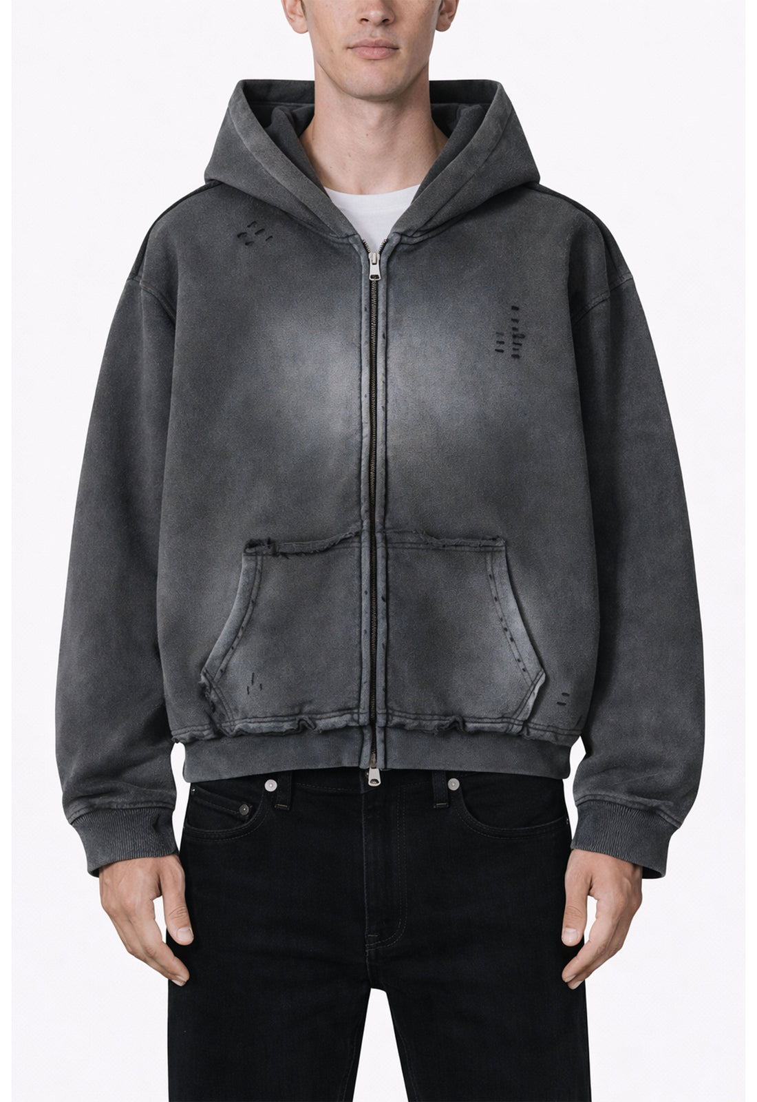 CHARCOAL DISTRESSED ZIP HOODIE