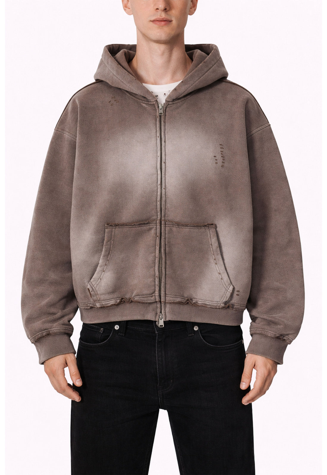 BROWN DISTRESSED ZIP HOODIE