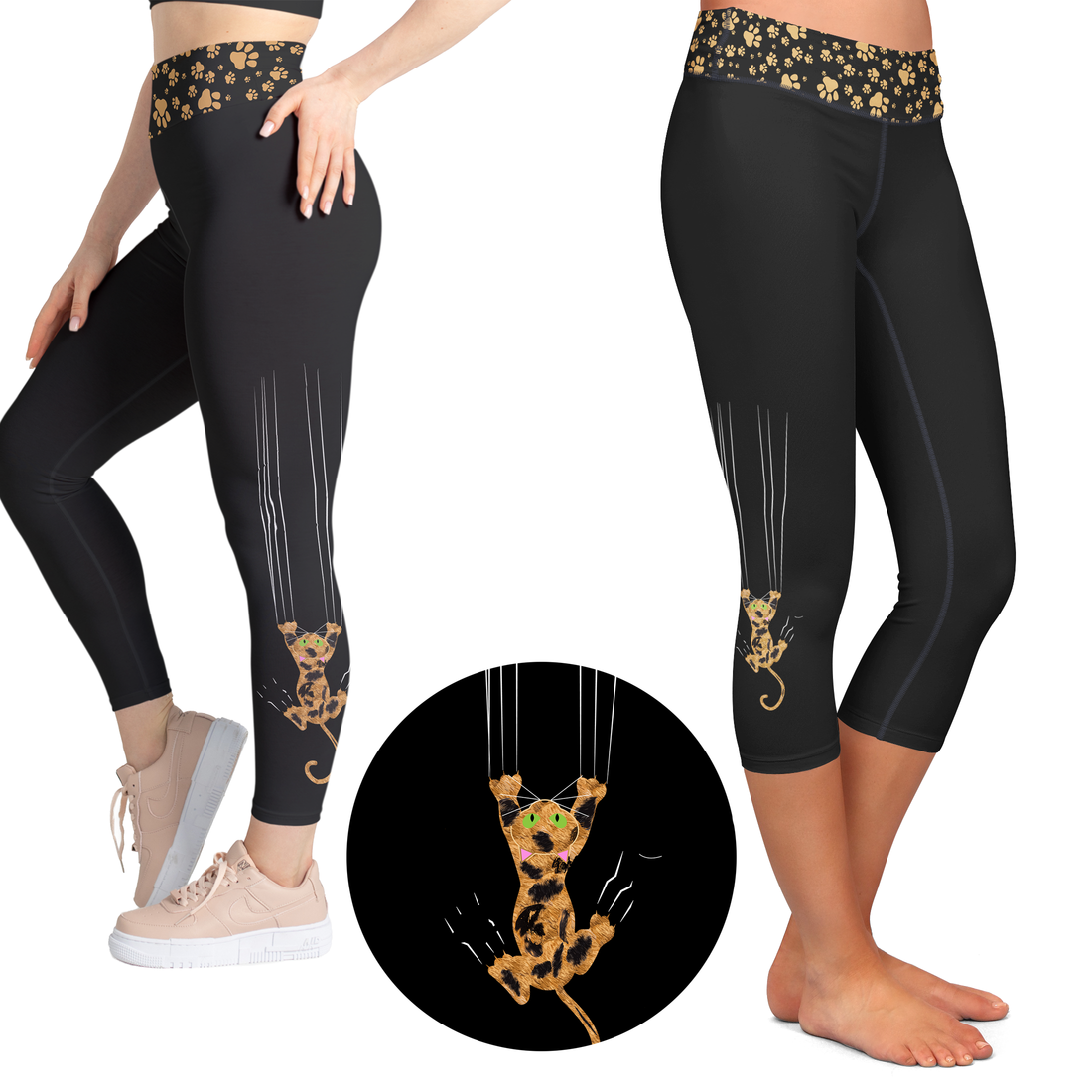 Patchwork Paws tortoiseshell cat leggings in black, gold, and brown with side pockets