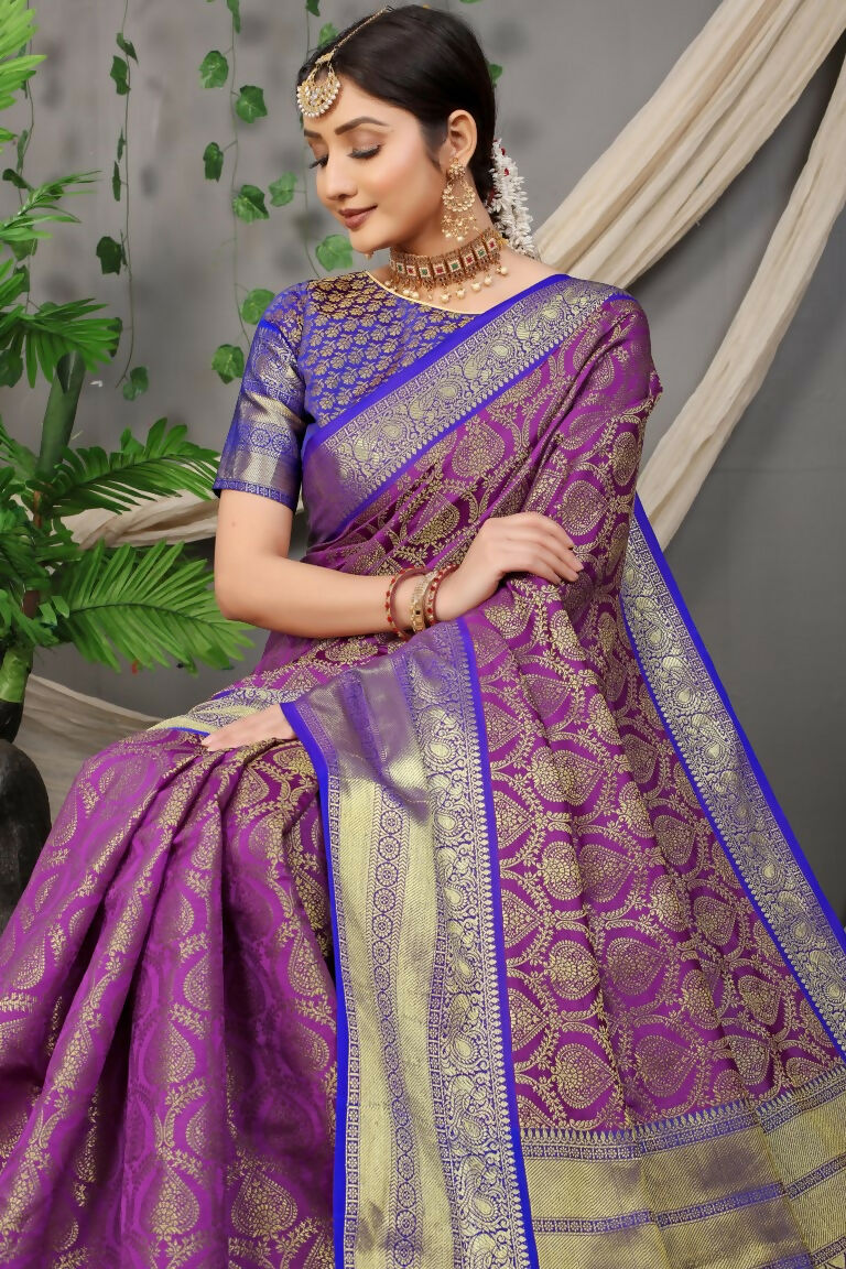 Purple Kanjivaram Silk Zari Woven Saree with Blue Blouse