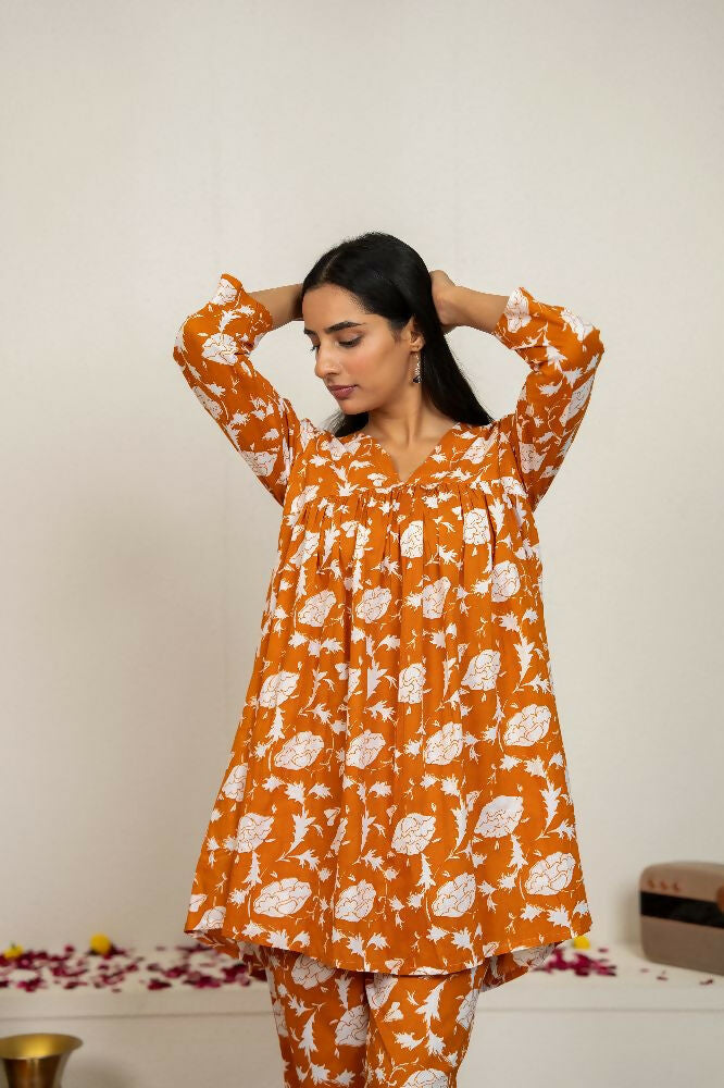 Peach Hand Block Print Cotton Kurta Set for Women