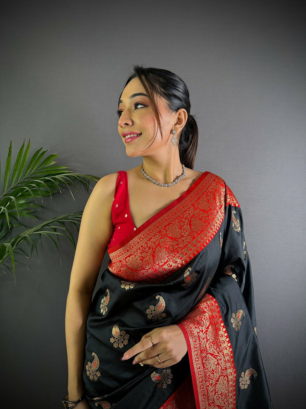 Black Banarasi Woven Butti Soft Silk Saree with Blouse Piece