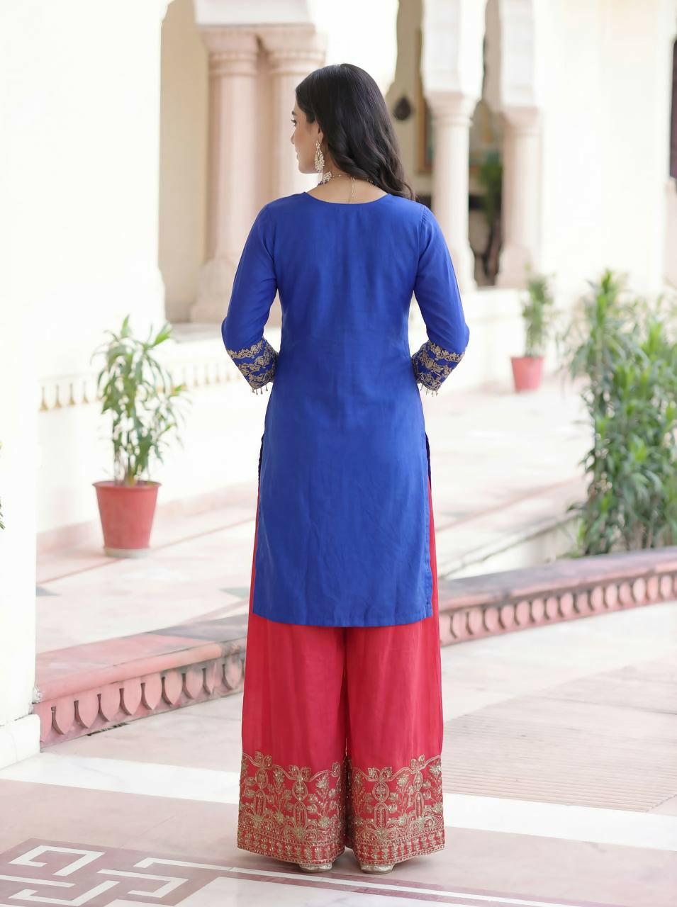 Blue Silk Embroidered Sharara Set for Traditional Occasions
