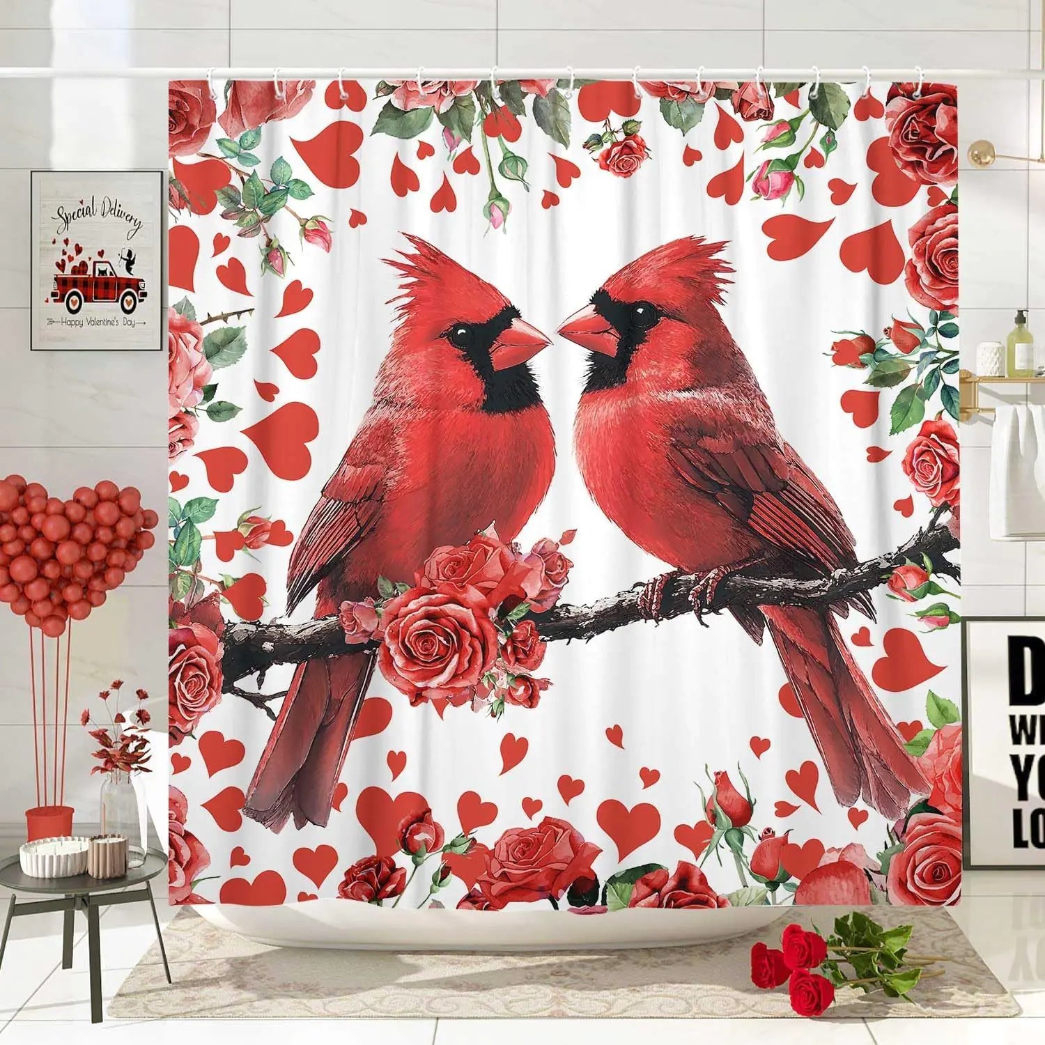 Valentines Shower Curtain Valentines Day Red Heart Cardinal Rose Valentines Day Curtain Bathroom Decor San Valentine Romantic Shower Curtain with Hooks Bathroom Accessories 70X84IN