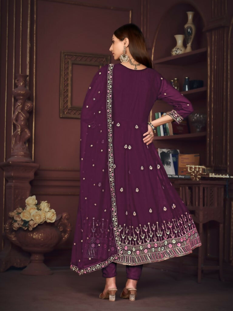 Women's Purple Georgette Embroidered Anarkali Kurta Pant Set