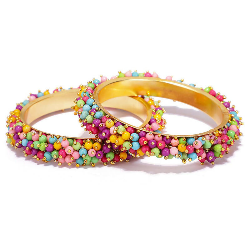 Gold-polished brass bangle set with vibrant multi-colored bead work