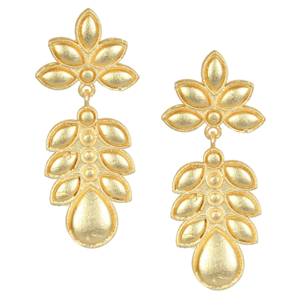 A pair of elegant handcrafted matte gold brass drop earrings with intricate detailing.