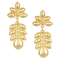 A pair of elegant handcrafted matte gold brass drop earrings with intricate detailing.