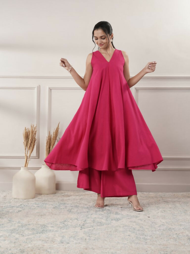 Fuchsia Cotton A-Line Midi Dress and Pants Set