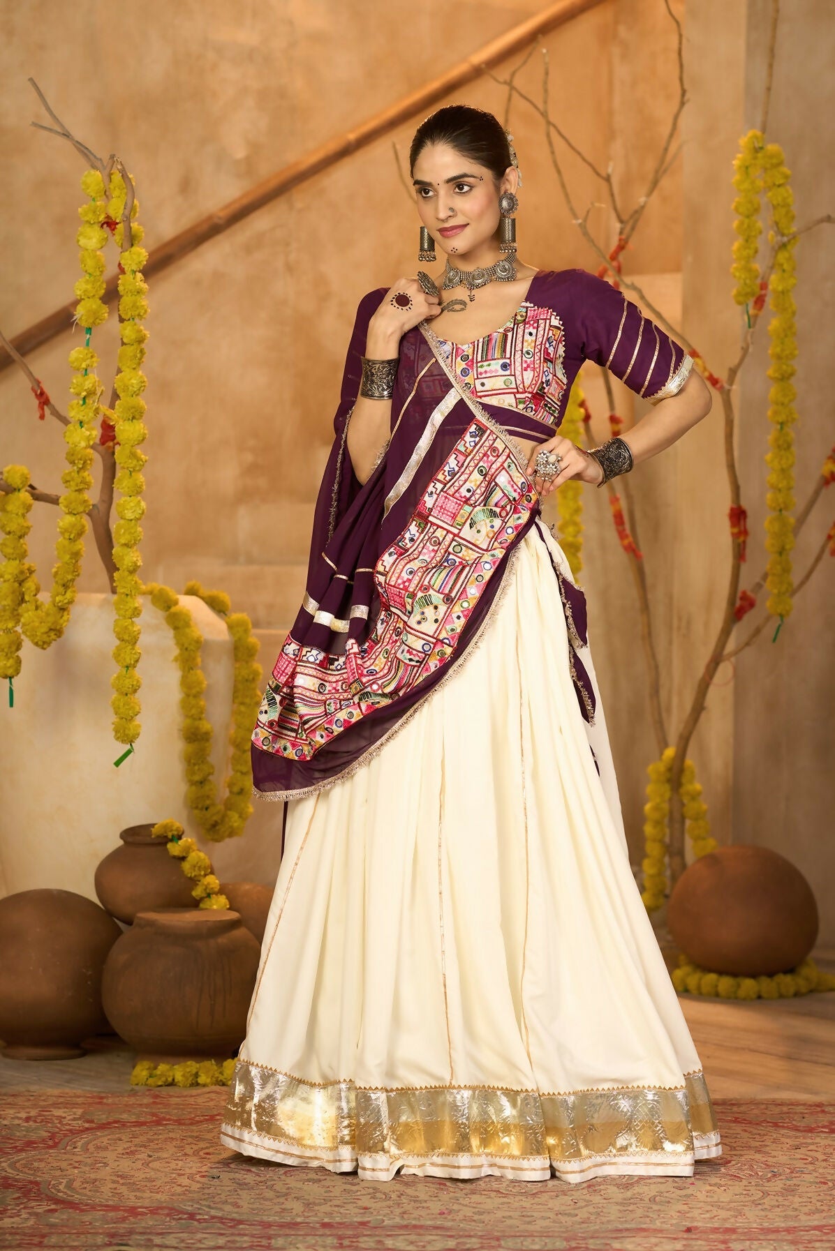 Off White Crepe Designer Lehenga Choli Set for Navratri
