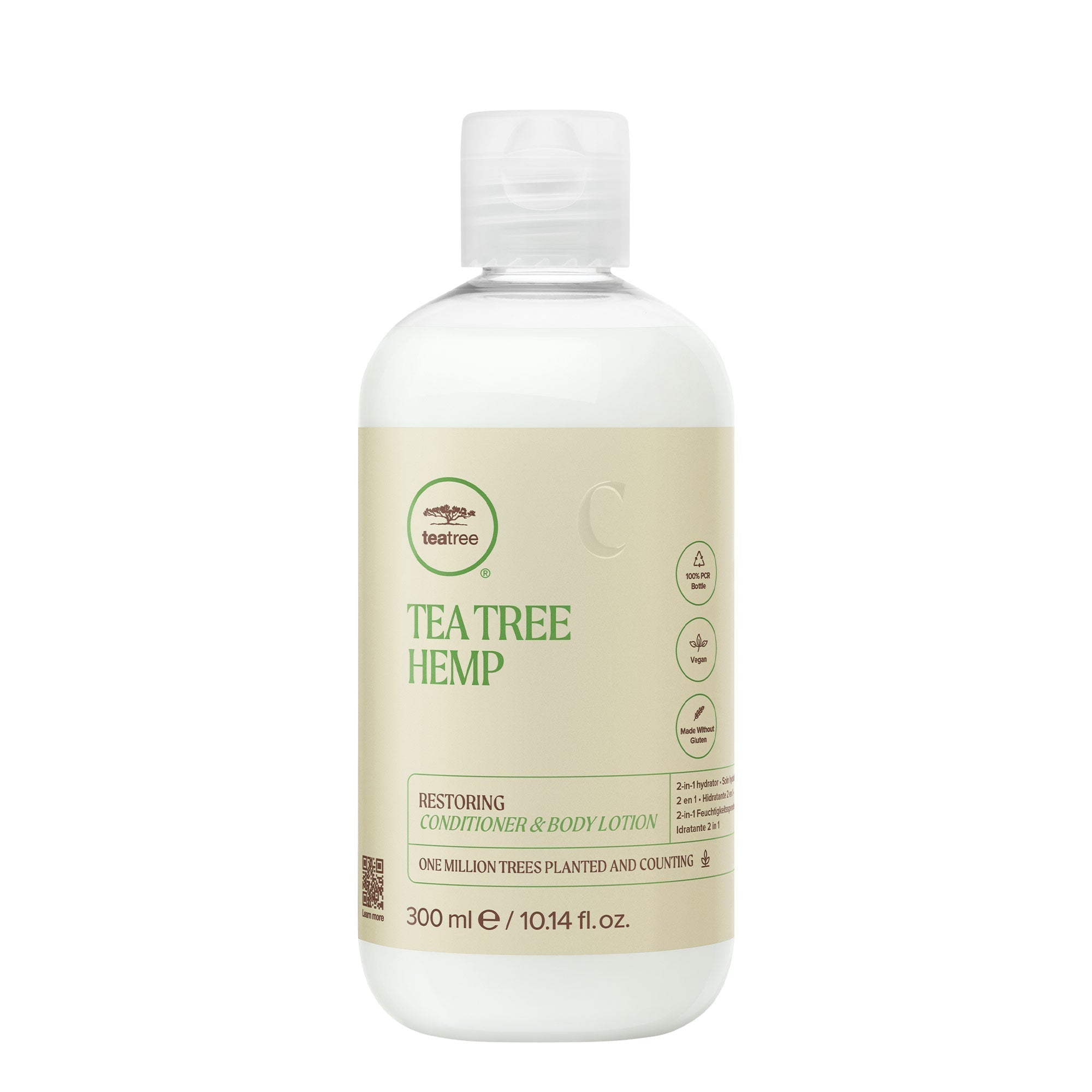 Paul Mitchell Tea Tree Hemp Restoring Conditioner & Body Lotion bottle in white and pale-green packaging