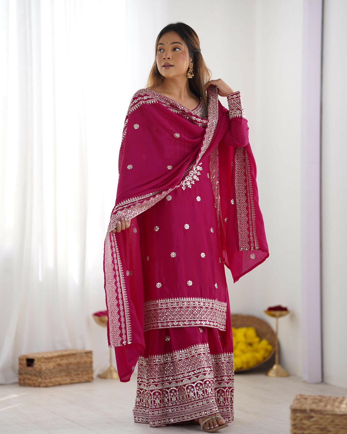 Pink Silk Kurta Set with Sequins, Zari, and Thread Embroidery
