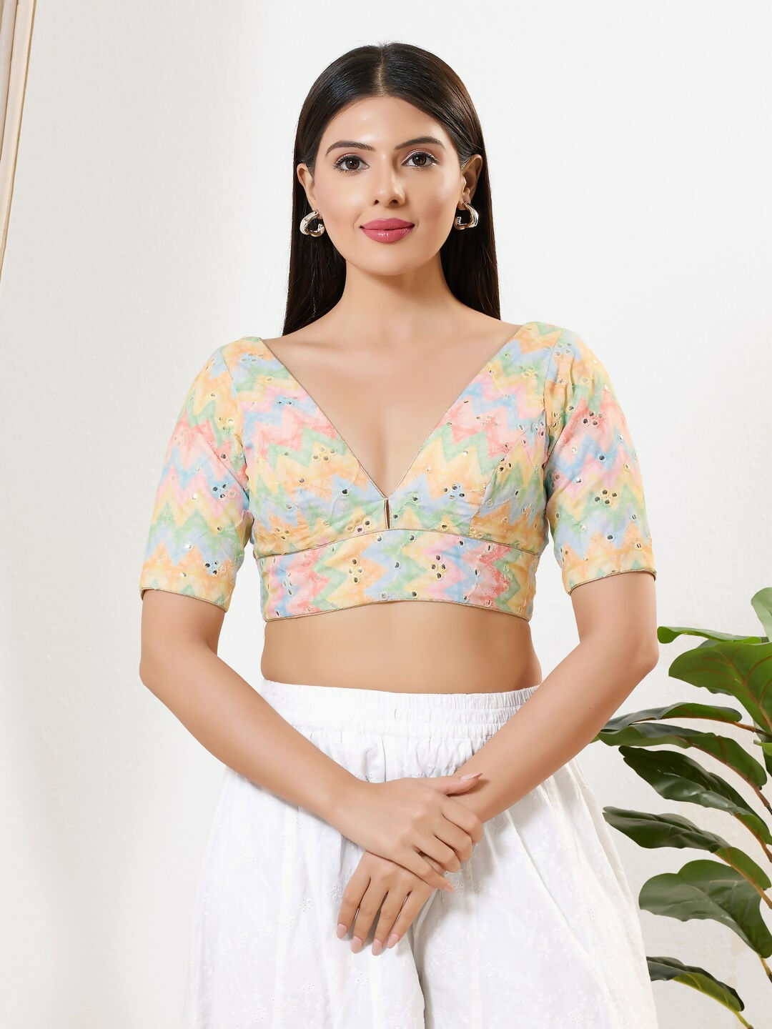 Joban Fashion Multi Silk Padded Blouse With V Neck Elbow Sleeves