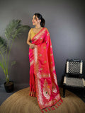 Elegant Pink Banarasi woven soft silk saree with matching blouse piece