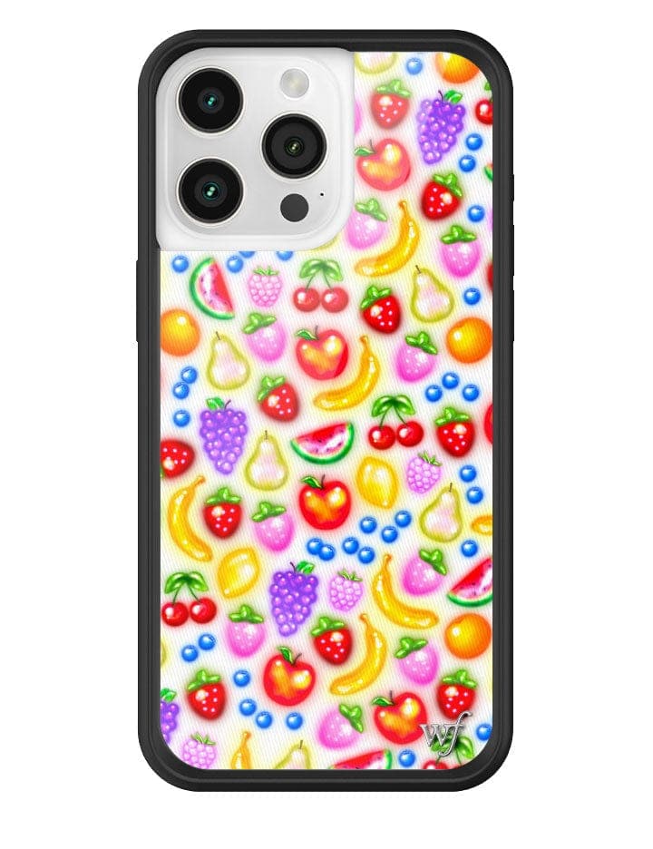 Colorful fruit pattern iPhone case featuring gummy fruit graphics with a black rubber protective bumper