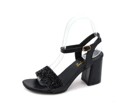 Style Open Toe Chunky Heel Rhinestone Pumps