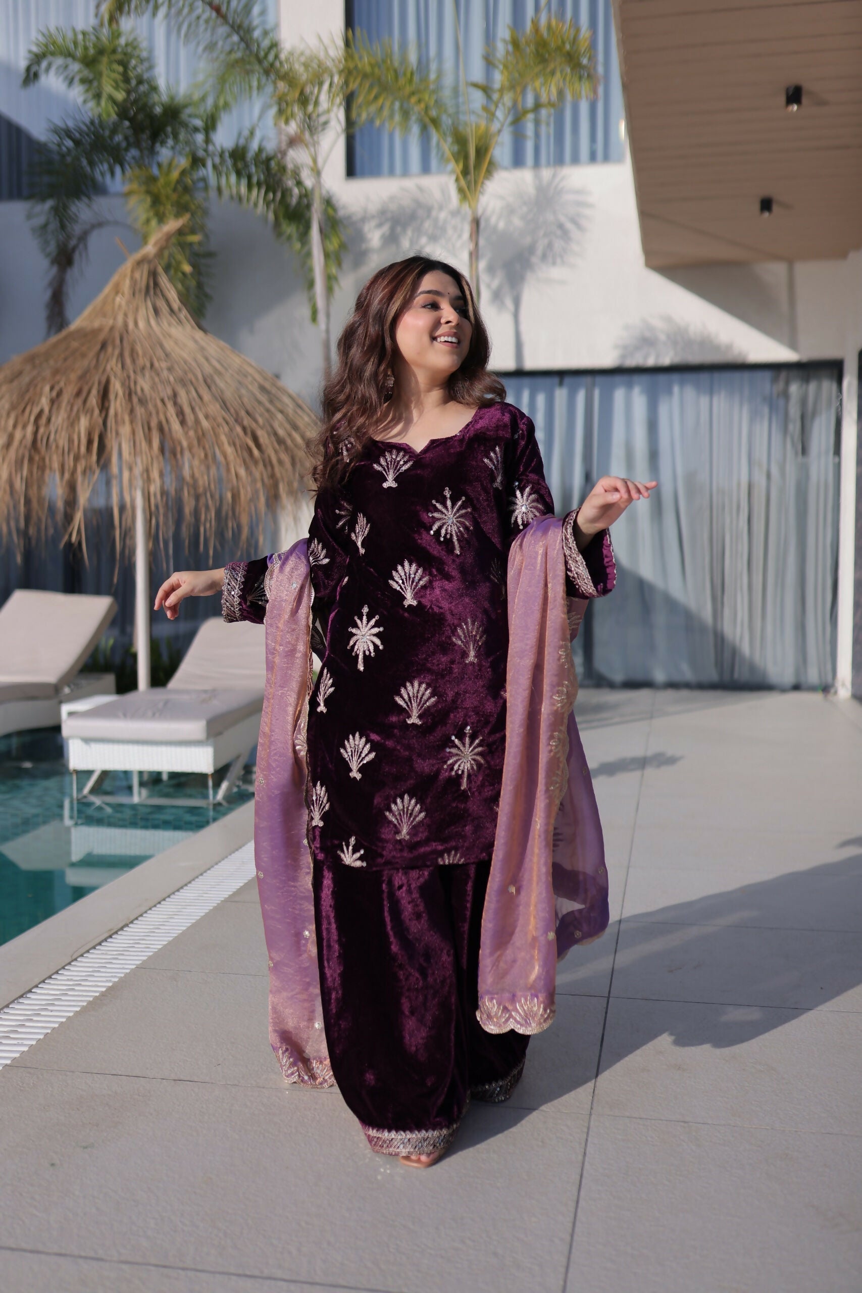 Maroon Velvet Kurta Set with Embroidery and Sequence Work
