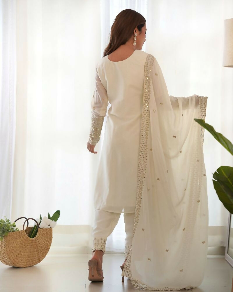 Elegant White Silk Kurta Set with Sequined Embroidery Work