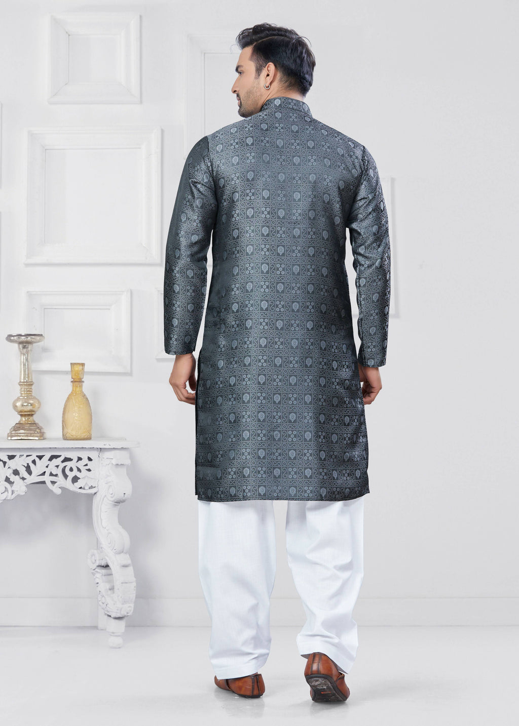 Men's Grey Jacquard Silk Kurta Pyjama Set - Traditional Ethnic Wear