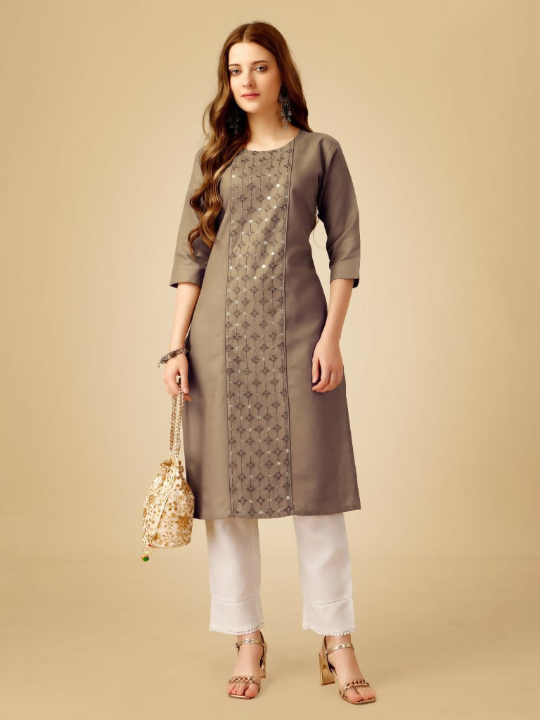 Jyoti Fashion Women's Khaki Cotton Blend Embroidered Kurta Pant Set