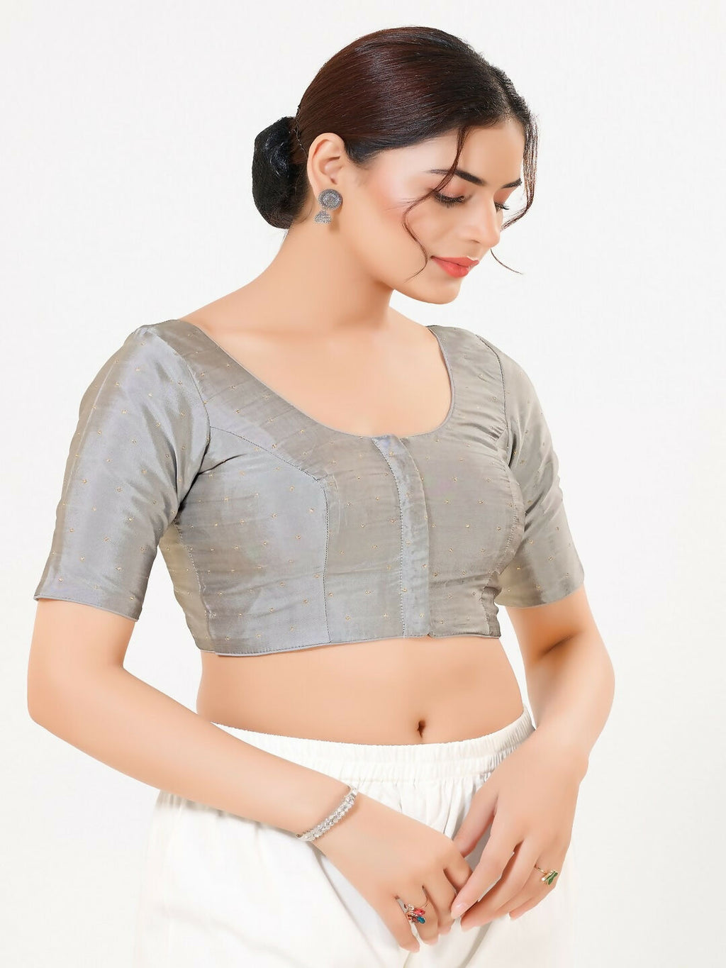 Grey Taffeta Silk Sleeveless Front Open Blouse with Round Neck