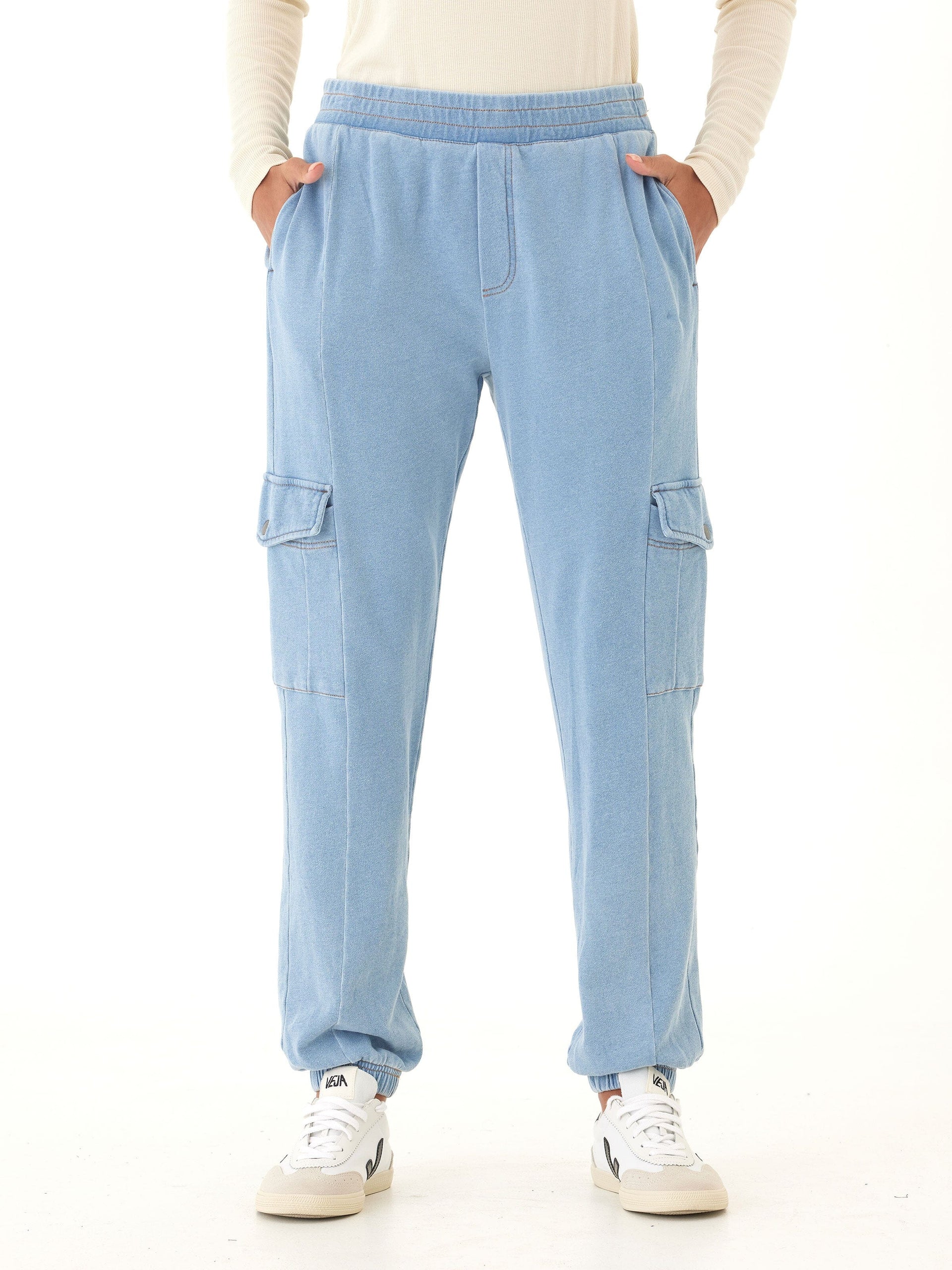 Daphnie Denim Terry Cargo Jogger in Light-Blue Utility Style