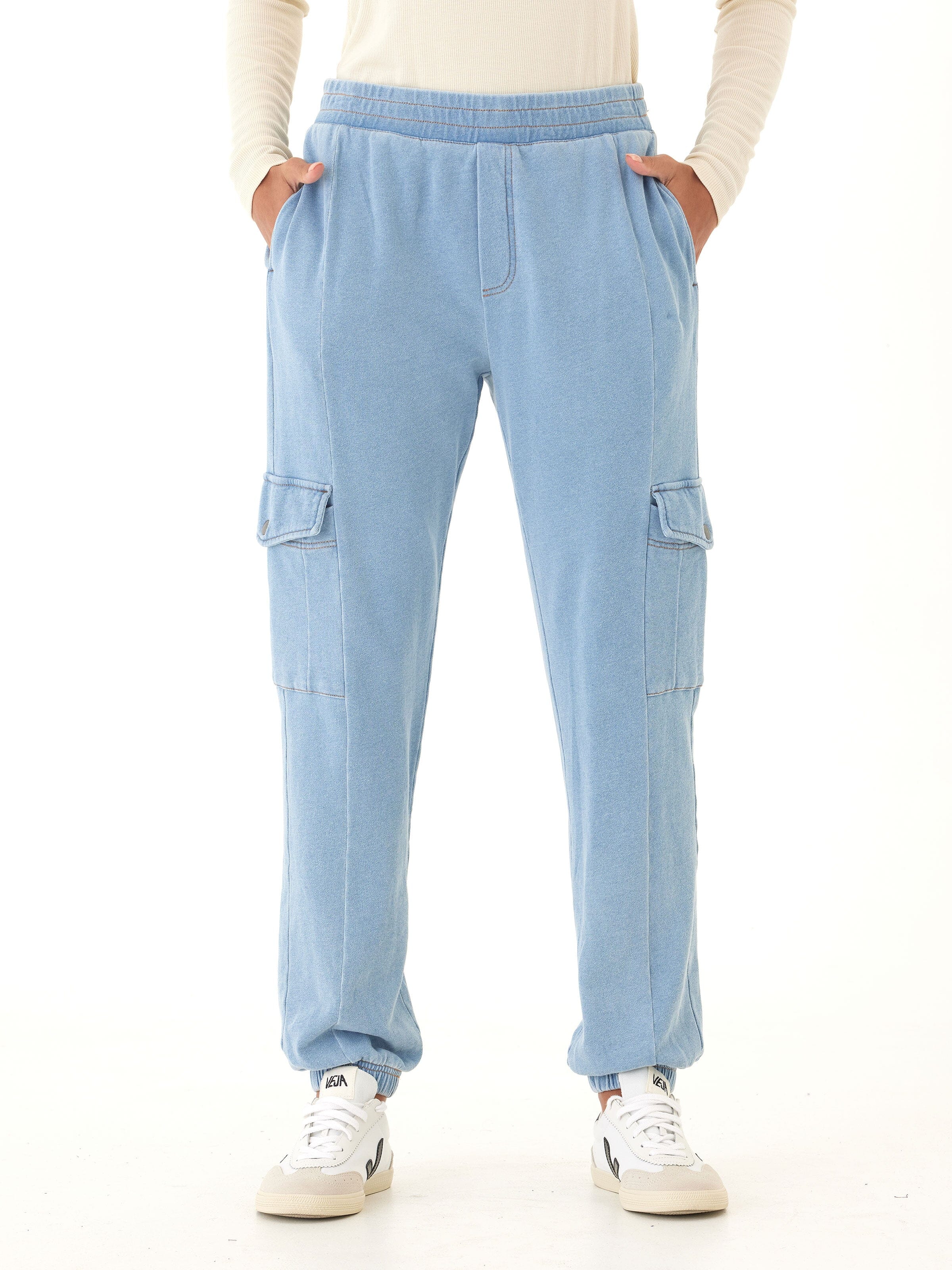 Daphnie Denim Terry Cargo Jogger in Light-Blue Utility Style