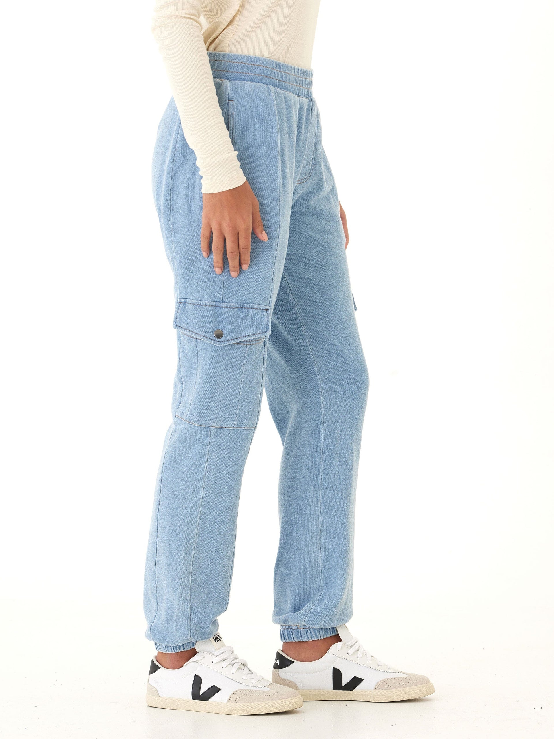 Daphnie Denim Terry Cargo Jogger in Light-Blue Utility Style