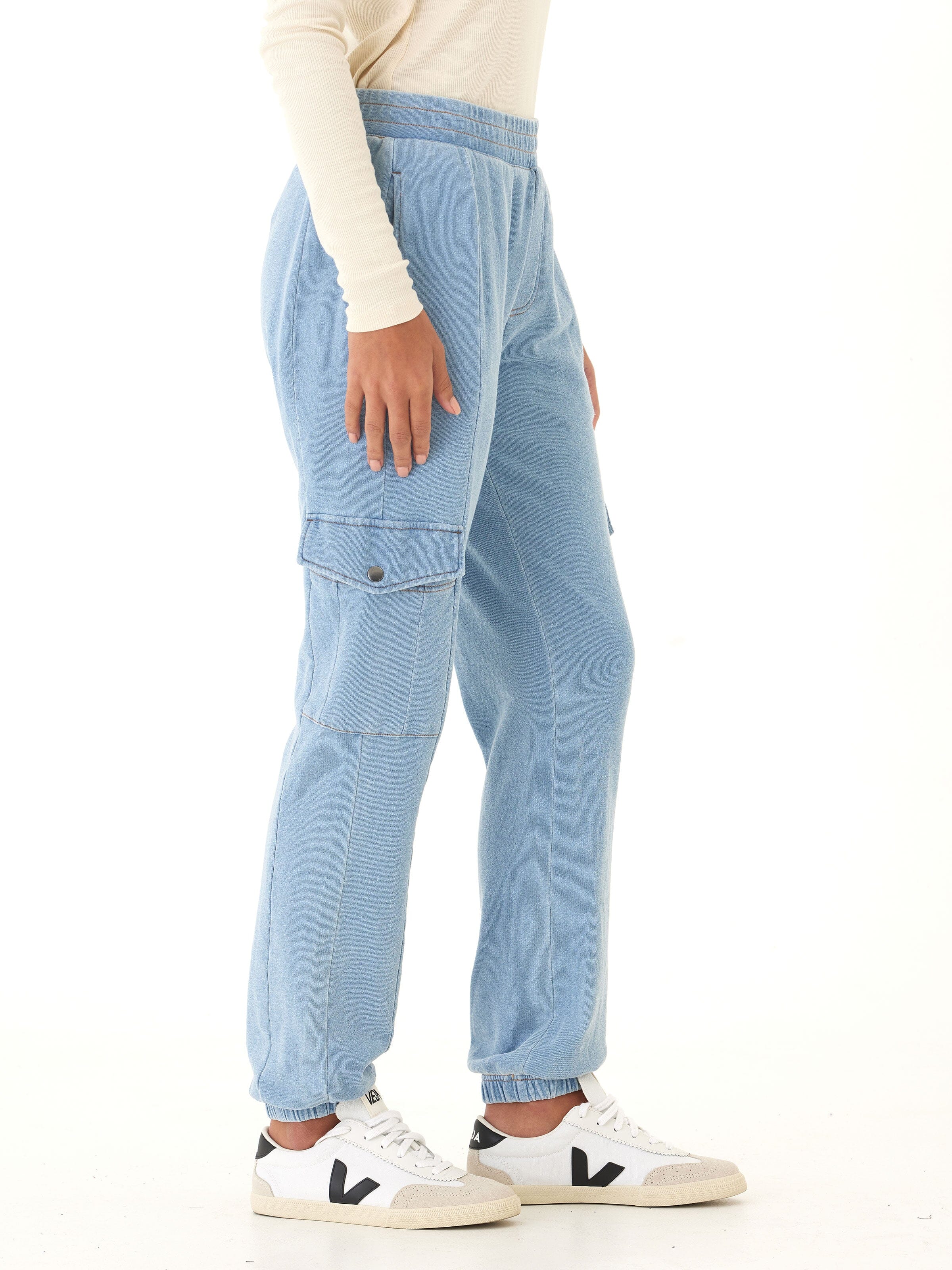 Daphnie Denim Terry Cargo Jogger in Light-Blue Utility Style