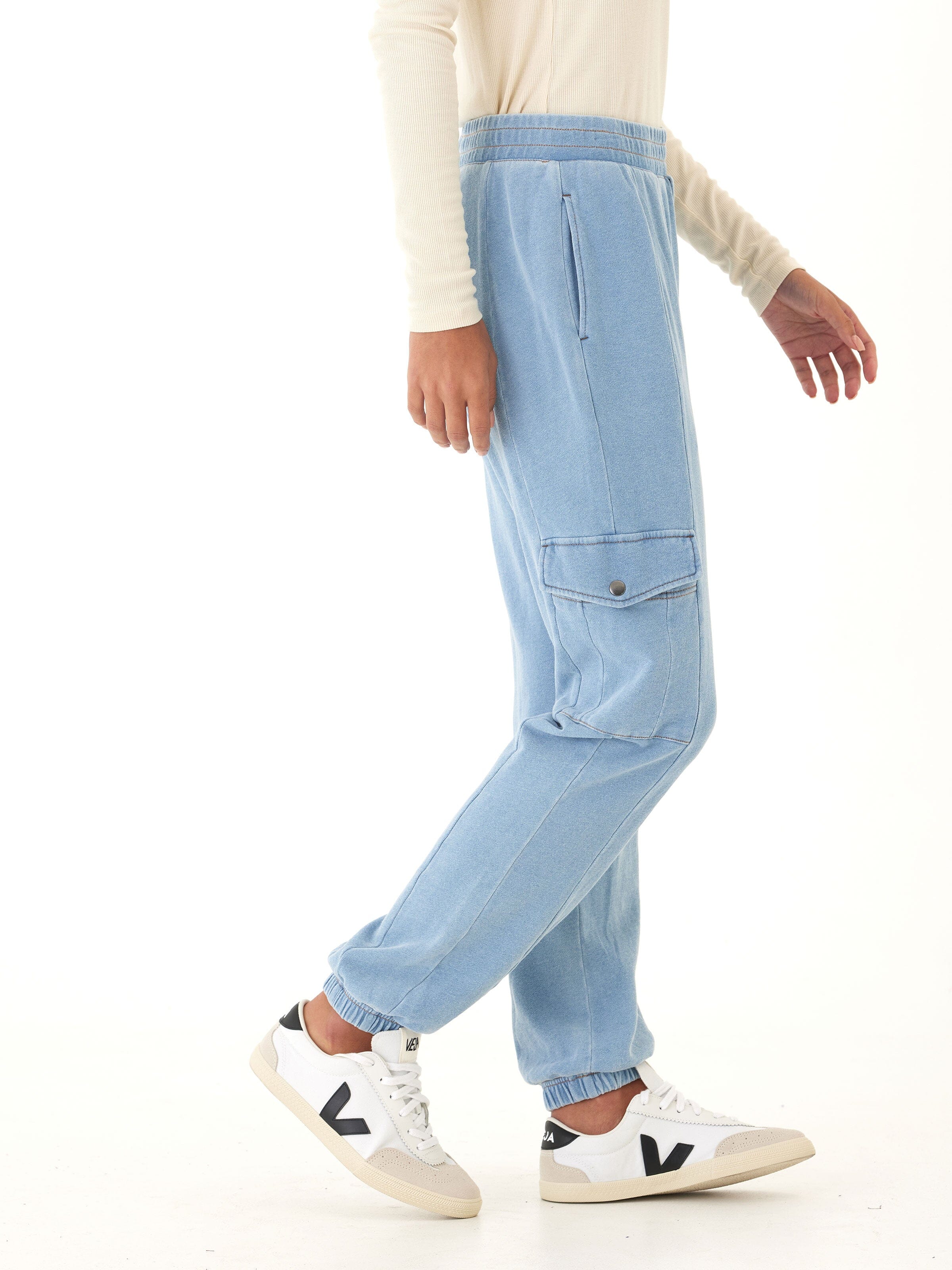 Daphnie Denim Terry Cargo Jogger in Light-Blue Utility Style