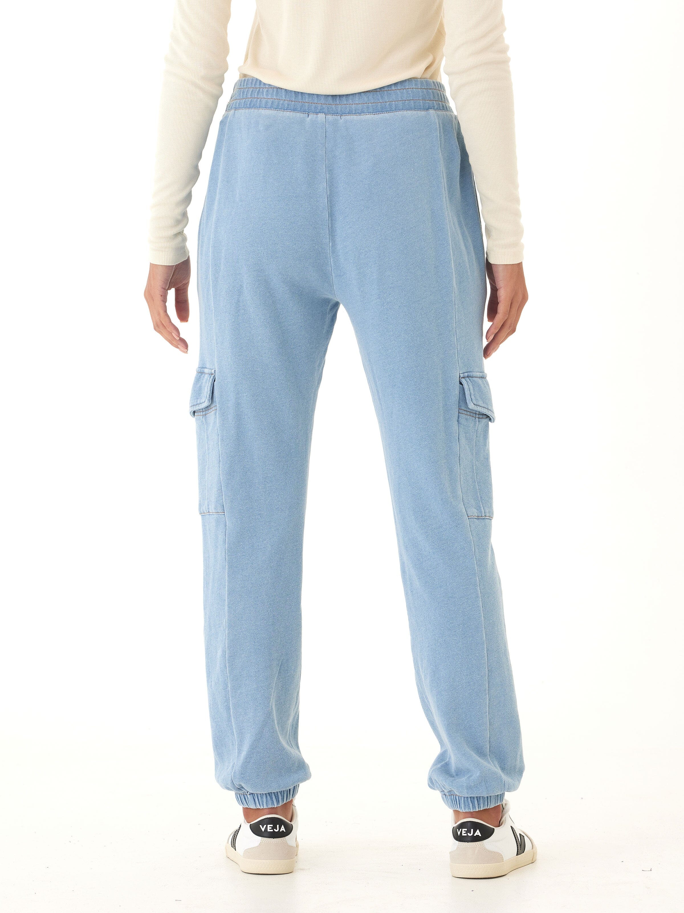 Daphnie Denim Terry Cargo Jogger in Light-Blue Utility Style