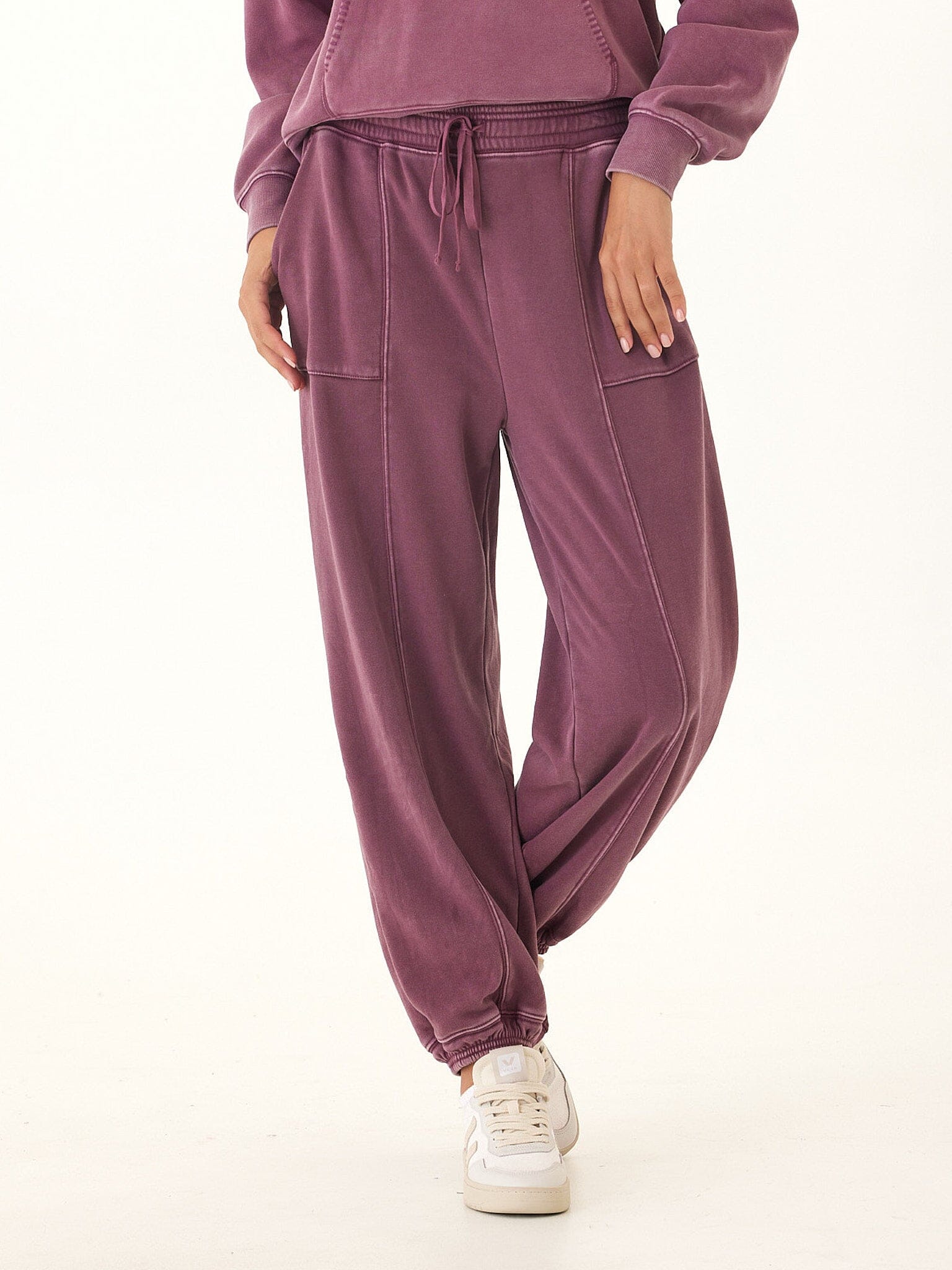 Lottie Mineral Wash CVC Fleece Jogger in burgundy with a relaxed fit and tapered ankle